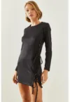 Rochie mini -  guler rotund - decupaj - negru - poliester-lycra
