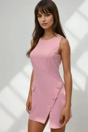 Rochie mini  guler rotund - mulata - roz - textil