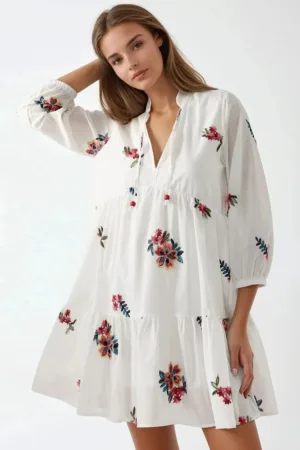 Rochie mini -  imprimeu - decolteu in V - alb - textil