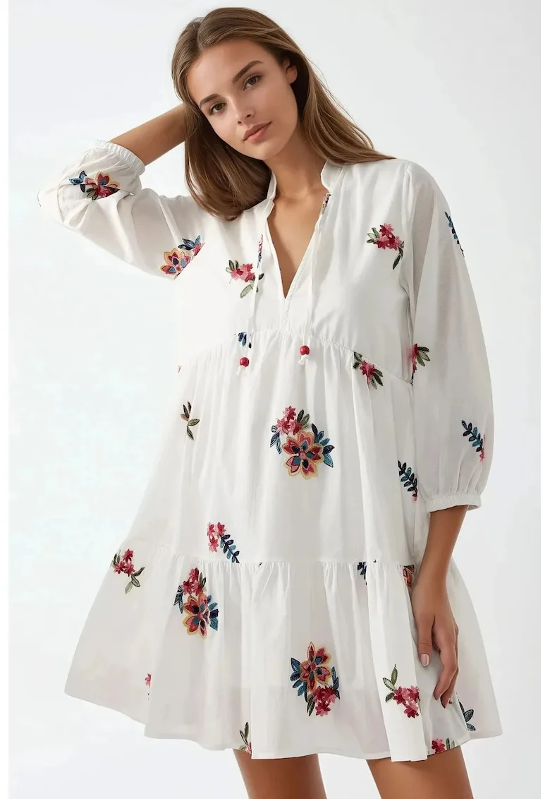 Rochie mini - imprimeu - decolteu in V - alb - textil