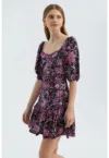 Rochie mini -  imprimeu floral - decolteu in V - textil