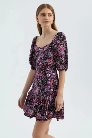 Rochie mini -  imprimeu floral - decolteu in V - textil
