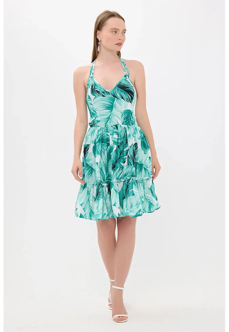 Rochie mini - imprimeu floral - decolteu in V - verde - textil