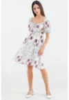 Rochie mini - HiCCUP - imprimeu floral - guler patrat - bej - poliester-bumbac