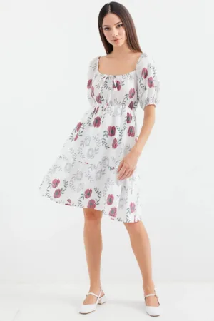 Rochie mini - imprimeu floral - guler patrat - bej - poliester-bumbac