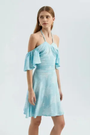 Rochie mini -  imprimeu floral - umeri goi - albastra - textil