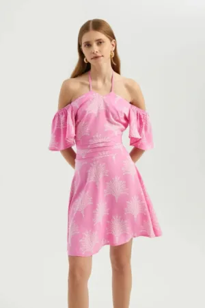 Rochie mini -  imprimeu floral - umeri goi - roz - textil