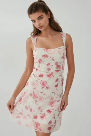 Rochie mini -  imprimeu - guler cu inima - multicolor - tul