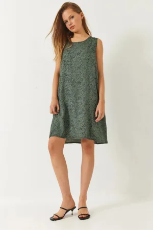 Rochie mini - imprimeu - guler rotund - verde - viscoza