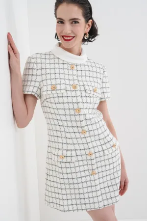 Rochie mini in carouri din amestec de lana cu nasturi decorativi