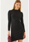Rochie mini -  jerseu cu nervuri - negru - maneci lungi