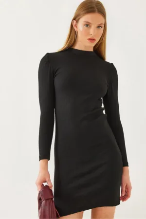 Rochie mini - jerseu cu nervuri - negru - maneci lungi