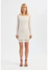 Rochie mini -  maneca lunga - decolteu rotund - alb - plasa