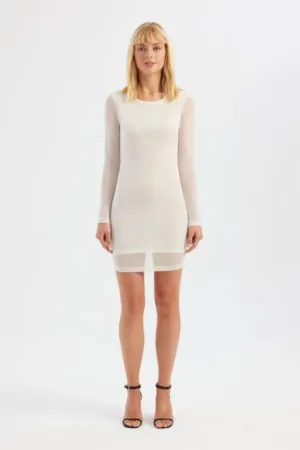 Rochie mini -  maneca lunga - decolteu rotund - alb - plasa