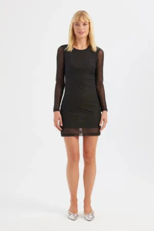 Rochie mini -  maneca lunga - decolteu rotund - neagra - plasa - decoratiuni cu pietre