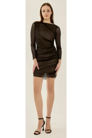 Rochie mini  maneca lunga - volane - negru - jerseu