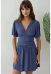 Rochie mini -  maneca scurta - decolteu in V - albastru - jerseu