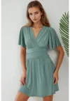 Rochie mini  maneca scurta - decolteu in V - verde - jerseu