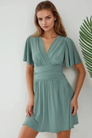 Rochie mini  maneca scurta - decolteu in V - verde - jerseu