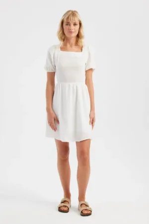 Rochie mini  maneca scurta - decolteu patrat - alb - material textil