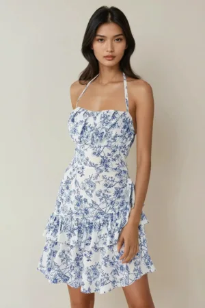 Rochie mini -  model floral - albastra - bumbac