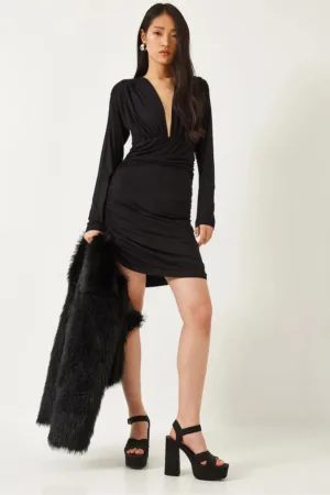 Rochie mini mulata cu detalii incretite - decolteu in V - negru - bumbac si poliester