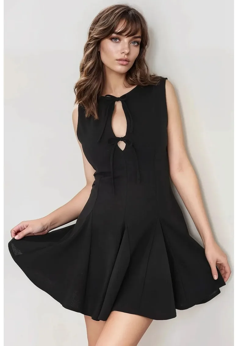 Rochie mini mulata cu funda - negru - jerseu