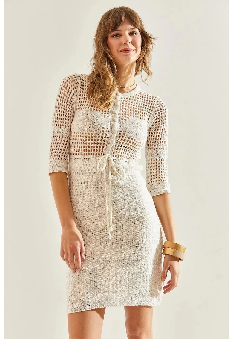 Rochie mini mulata cu funda si dantela - bej - bumbac -