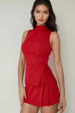 Rochie mini -  mulata cu guler rotund si detalii de legaturi - rosie - bumbac