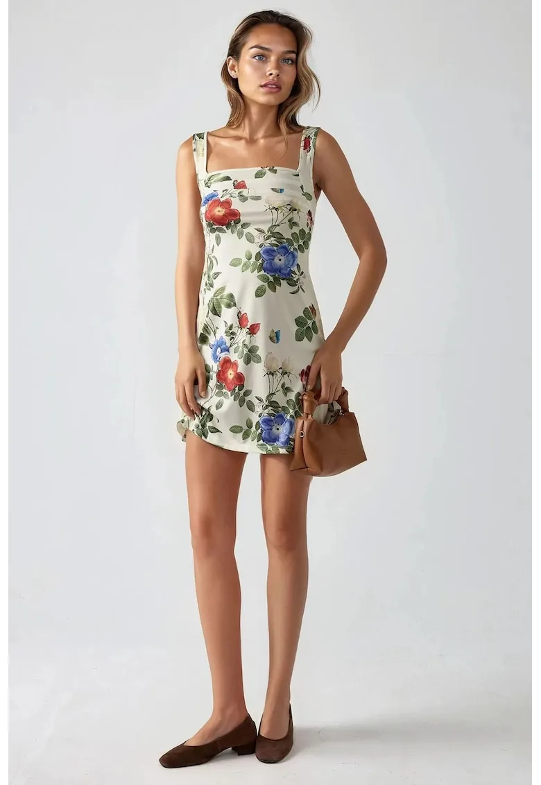 Rochie mini mulata cu imprimeu - guler patrat - multicolor - jerseu