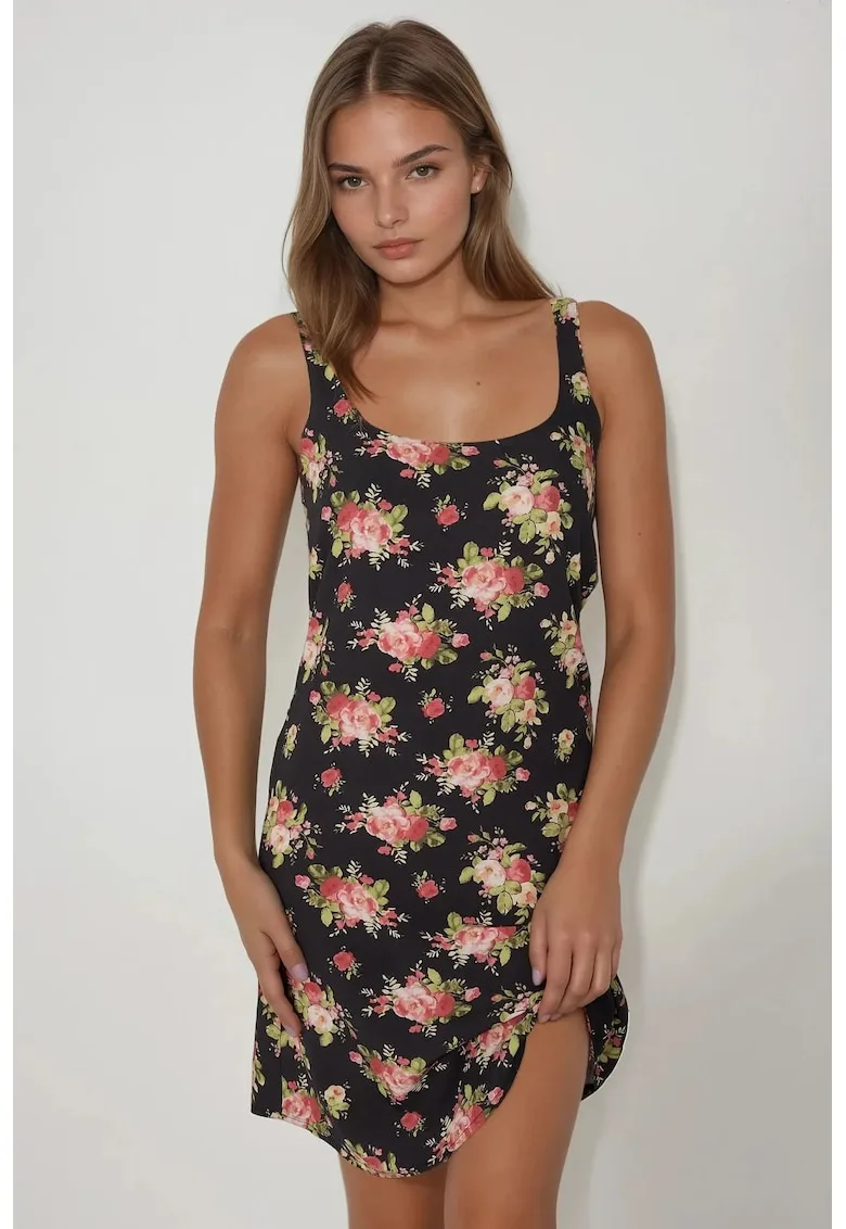 Rochie mini - mulata cu imprimeu - negru - bumbac