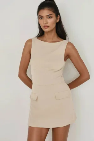 Rochie mini mulata cu pantaloni scurti - bej - material textil