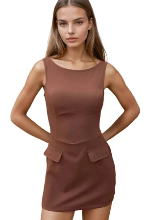 Rochie mini mulata cu pantaloni scurti - maro - material textil