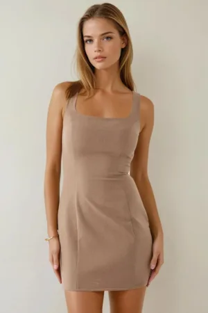 Rochie mini -  mulata - decolteu patrat - bej - jerseu