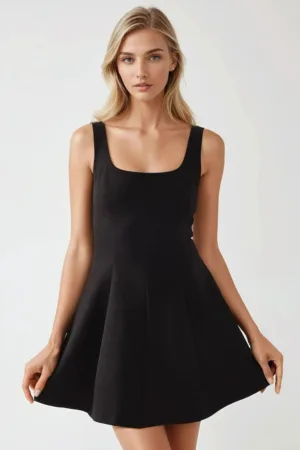 Rochie mini -  mulata - guler patrat - neagra - jerseu