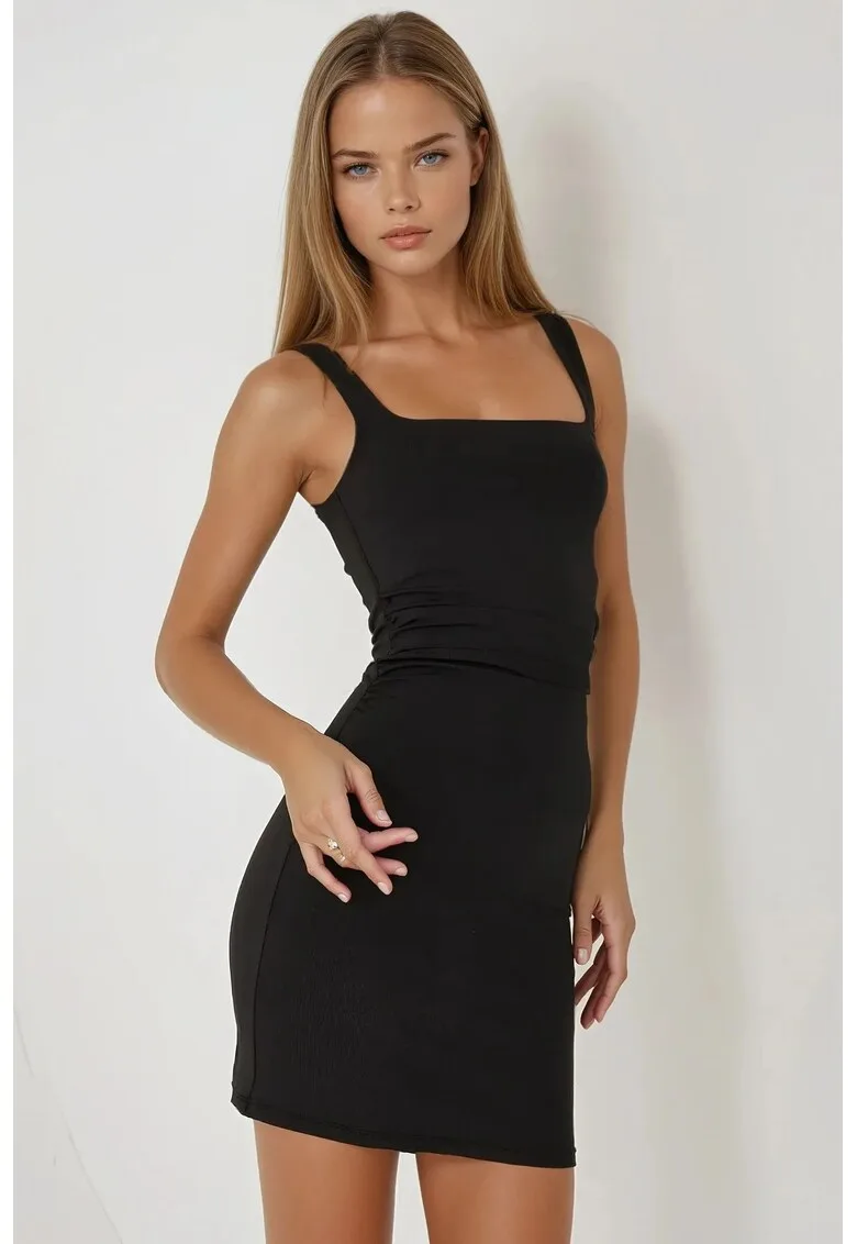 Rochie mini mulata guler patrat - negru - jerseu