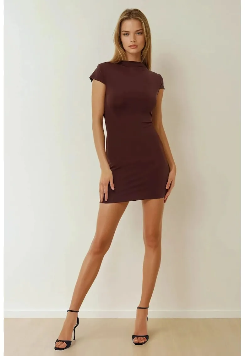 Rochie mini mulata - guler rotund - maro - jerseu