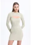 Rochie mini mulata -  maneca lunga - decupata - bej - jerseu