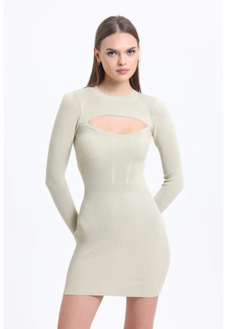 Rochie mini mulata - maneca lunga - decupata - bej - jerseu
