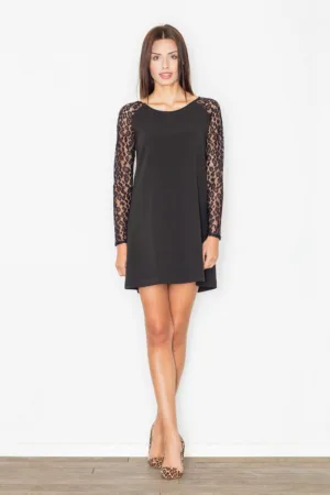 Rochie mini - neagra - cu maneci din dantela - eleganta - poliester -