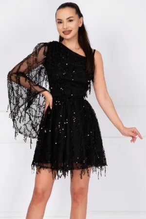 Rochie mini neagra in clos cu franjuri din paiete