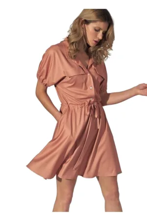 Rochie mini portocalie - guler - maneci elastice - buzunare - material elastic - viscoza