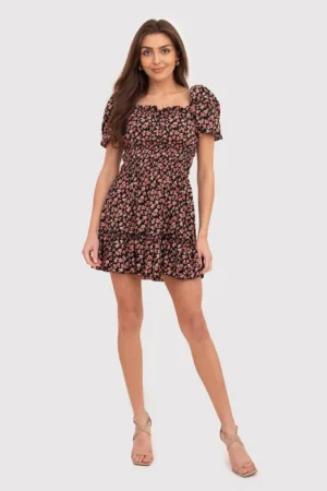 Rochie mini rosie cu maneci bufante si imprimeu floral DA1811 MULTI