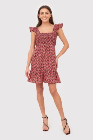 Rochie mini rosie cu volane si imprimeu floral DA1795 MULTI