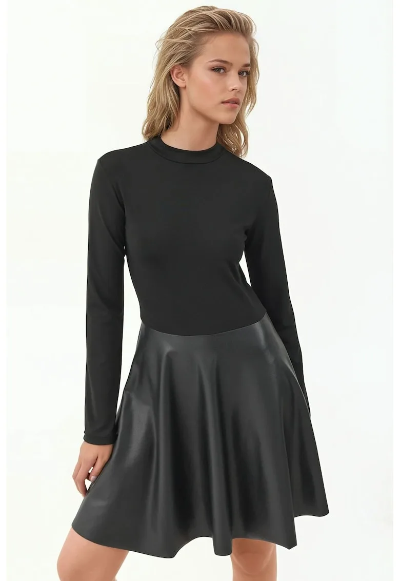 Rochie mini - slim fit - guler rotund - negru - textil