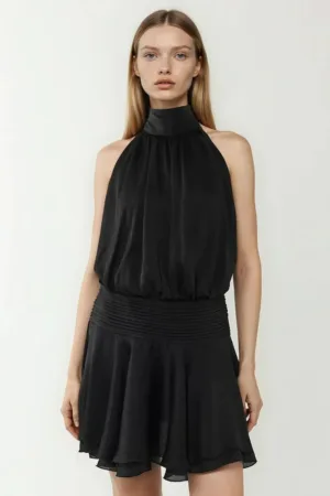 Rochie mini -  texturata cu guler inalt - neagra - textil