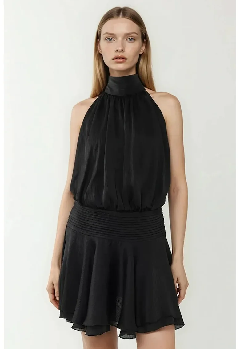 Rochie mini - texturata cu guler inalt - neagra - textil