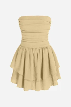 Rochie mini -  texturata - cu volane - galben