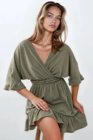 Rochie mini -  texturata - decolteu in V - verde - jerseu