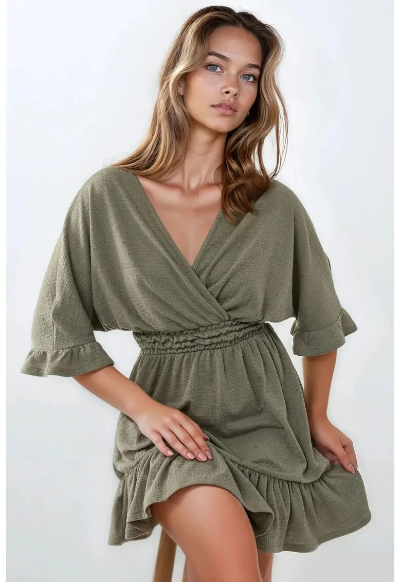 Rochie mini - texturata - decolteu in V - verde - jerseu